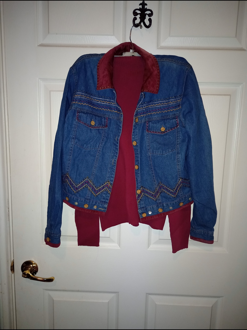 Women's Blue Denim Jacket with Burgundy Accents